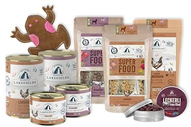 Lakefields Welpenbox | Premium Probierpaket mit Welpen Nassfutter & Trockenfutter | Huhn & Rind | Leckerlies & nachhaltiges Welpenspielzeug | 9 Inhalte zum Testen