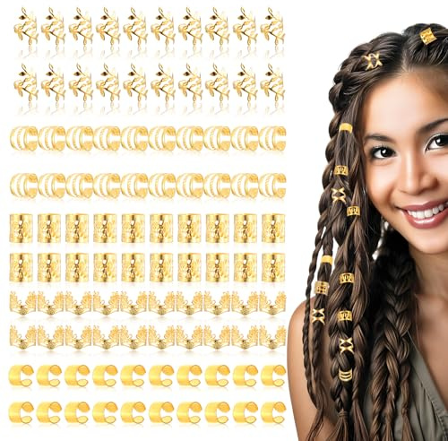 Ouligay 100 accesorios para el cabello dorado, rastas, joyas para el cabello, para festival, trenzas piratas, ajustables, accesorios de joyería