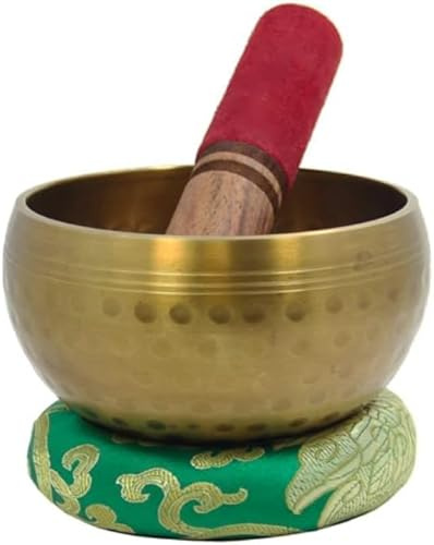 Cuenco tibetano para meditación de latón puro con mazo de madera y cojín, juego de 1 (diámetro: 10 cm aprox.)