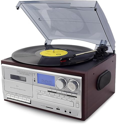 Tocadiscos con altavoces integrados, reproductor de CD y conectividad Bluetooth, sistema de audio vintage de 3 velocidades para entretenimiento