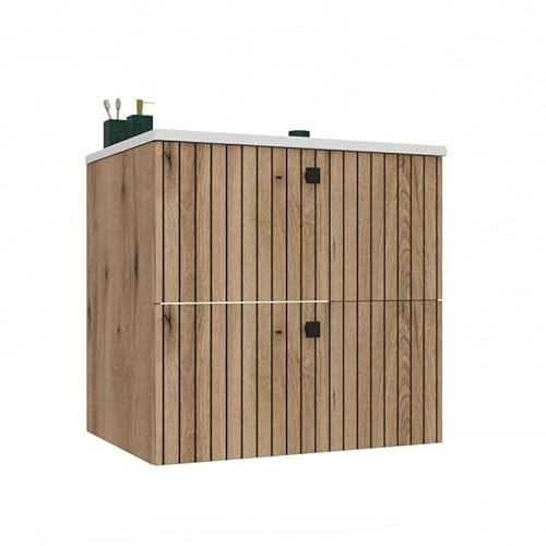 CDF Tigo 602S Roble Evoke - Armario bajo lavabo con lavabo sobre encimera, suspendido, 2 cajones, frentes de láminas, asas – almacenamiento para cosméticos, toallas, accesorios de baño