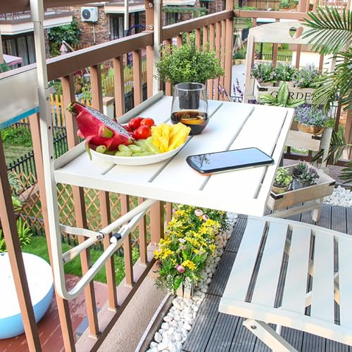 Mesa colgante plegable para barandilla de balcón, mesa auxiliar de altura ajustable, mesa de bar al aire libre, perfecta para uso en interiores y exteriores, diseño que ahorra espacio