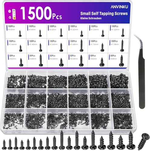 Anvinku 1500 Stück Mini Schrauben Set, Selbstschneidende Schraubenset | M1 M1.2 M1.4 M1.6 M1.7 M2 M2.5 M3, Kleine Schrauben Schwarz, Holzschrauben Schwarz für Elektronik , Uhrmacher und Brillen