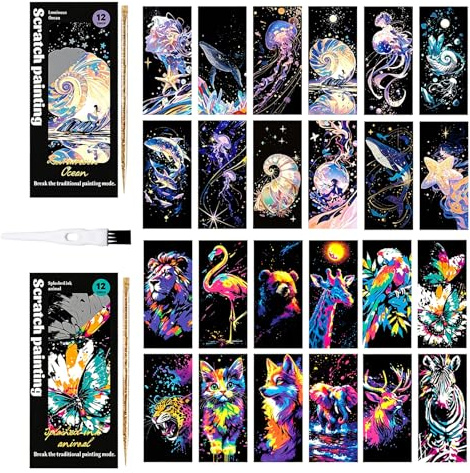 UZYXC Set 24 Carte Gratta E Vinci Arcobaleno Con 2 Stili E Spazzola, Fogli Scratch Art Bambini, Per Bambini E Adulti, Attività Creativa Per Biglietti, Album, Feste, Regalo Originale.