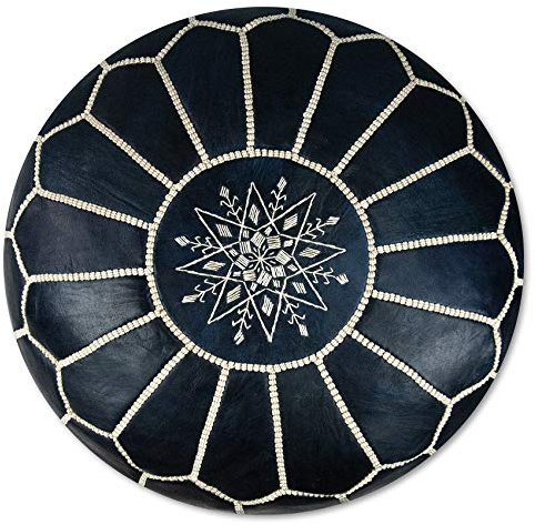 Poufs&Pillows Premium Echt Leder Pouf - Handgefertigt - gefüllt geliefert - Ottoman Sitzsack Fußhocker (Dunkelblau)