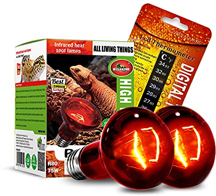 MCLANZOO Infrared Heat Lamp Bulbs 75W 2 Pack,Red Basking Spot Light Bulb Reptile Heating lamp for Bearded Dragon,Turtle,Snake,Leopard Gecko,Chicked with Digital Temperature Thermometer