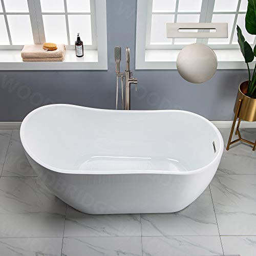 WOODBRIDGE 59 Acrylic Freestanding Bathtub Contemporary Soaking White Tub with Brushed Nickel Overflow and Drain，B-1530 -B/N-Drain &O