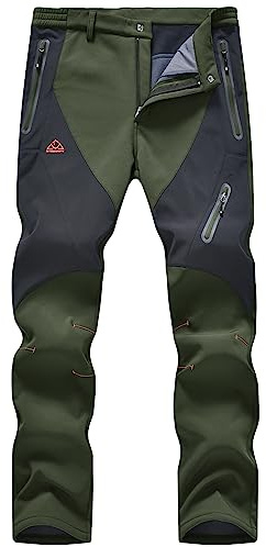 donhobo Men's Waterproof Trousers Softshell Fleece Lined Outdoor Walking Warm Thicken Hiking Ski Pants with Zip Pockets Green 32
