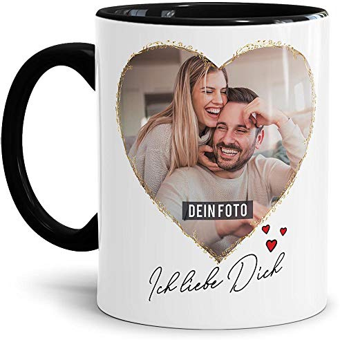 Tasse mit Spruch - Ich liebe Dich - zum Selbst gestalten mit zwei Fotos in Herzform - Geschenkidee für den Partner, Innen & Henkel Schwarz, 300 ml