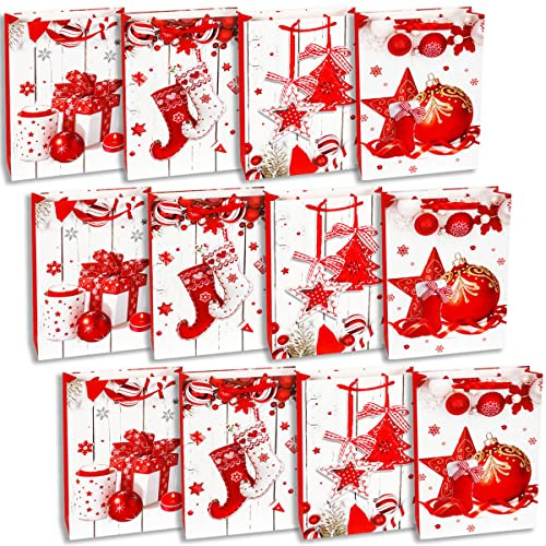 Weihnachtstüten -12 Stück - Geschenktüten für Weihnachten Geschenktaschen Weihnachtstüte im 4 Design Papiertüten Weihnachtstaschen Präsenttüten (24x18x8cm)