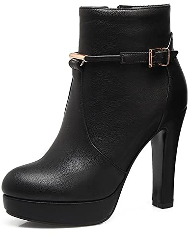 Bviennic Mujer Punta Redonda Elegante Plataforma Tacón Ancho Botines Noche Vestido Invierno Moda Tacón Alto Botines Hebilla Negro Talla 36 Eu