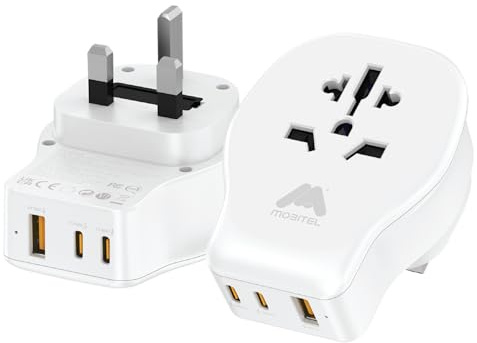 Mobitel Universal Travel Adapter UK with 20W USB-C PD 1 USB-A & 2 USB-C Ports Worldwide Plug Adapter for EU US AU Asia Fast Charging Power Adapter for Travel (White)