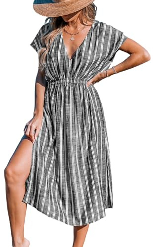 CUPSHE Women Beach Cover Up V Neck Short Sleeve Striped Midi Swimsuit Coverup Dress XS-XXL Black, L