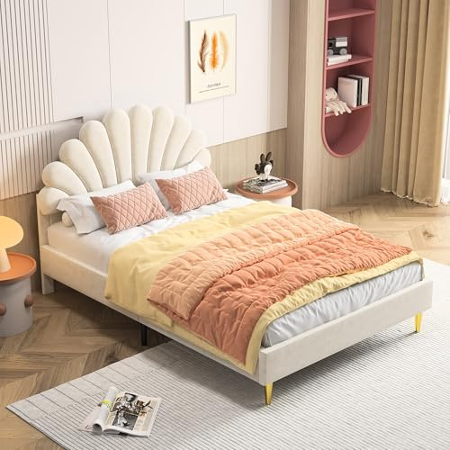 VixorLuilith Gepolstertes Kinderbett 140x200 cm, Bettgestell mit floralem Kopfteil und Lattenrost, Mädchenbett, Doppelbett in hautfreundlichem Samt, Matratze Nicht im Lieferumfang enthalten (Beige)