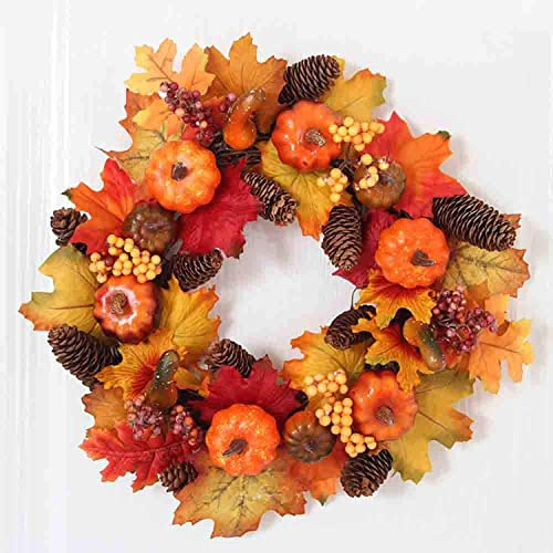 40cm Autumn Wreath, Autumn Wreaths for Front Door, Fall Autumn Door Wreath Artificial Pumpkin Wreath with Maple Leaf Pumpkin Berries, Thanksgiving Halloween Decorations for Window Wall Outdoor (A)