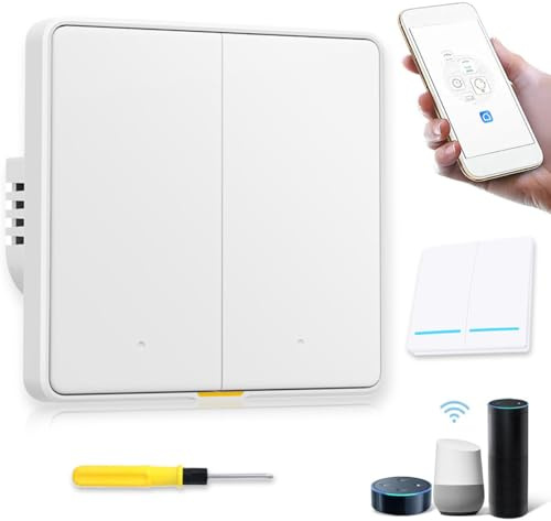 Acmerota Intelligenter Lichtschalter 2-fach 1-Wege-App-Steuerung Intelligente Lichtschalter Fernbedienung ohne Internet, funktioniert mit Alexa und Google, kein Neutralleiter und Gateway erforderlich