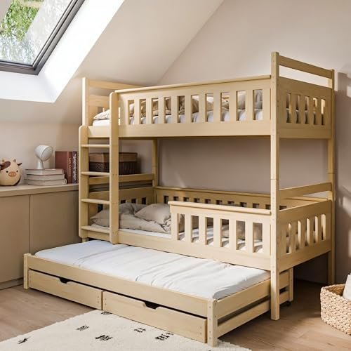 Kids Collective Hochbett 90x200 mit Ausziehbett Etagenbett mit Ausziehfunktion 2 Schubladen Lattenrost Rausfallschutz umbaubar in 3 Einzelbetten Vollholz massiv in Natur von 4. bis 18. Lebensjahr