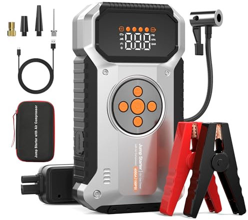 Tyonto Batería de Arranque con compresor de Aire de 150 PSI, Arranque automático de 4000 A (hasta Gasolina y 8 L Diesel), batería portátil con Pantalla LCD, Linterna LED