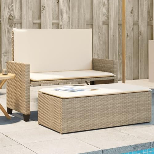 IKAYAA Gartensofa 2 sitzer Ausziehbar Gartensofa mit liegefunktion Rattansofa Balkonsofa Outdoor Sofa Terrassensofa Balkonmöbel Gartengarnitur-Beige und Creme-