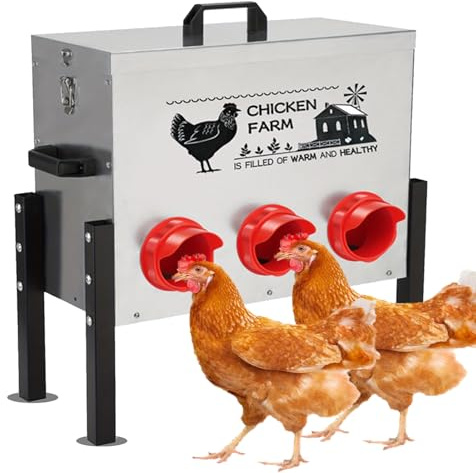 30lb Futterautomat Hühner, Hühnerfutterspender aus Edelstahl, mit 6 Futteröffnungen, höhenverstellbar, mit Tragegriff, wetterfest, geeignet für Hühner, Enten, Geflügel etc.