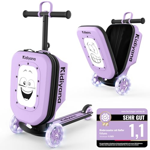 Kidiyana Scooter resväska, barnväska med skoter och LED-hjul, höjdjusterbart styre, A5-visningsfönster, 7 cm förvaringsutrymme, lämplig som handbagage, skoter, gåva för 2–8 år, lila