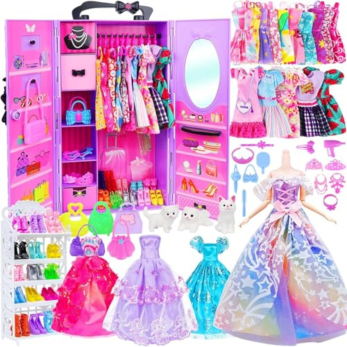 79 Pièces Vêtements et Accessoires avec Armoire pour Poupées 11.5 Pouces | Inclut Robes De Princesse, Tenues DéContractéEs, Chaussures, Sacs, Cadeaux Pour Les Filles à Partir De 3 Ans