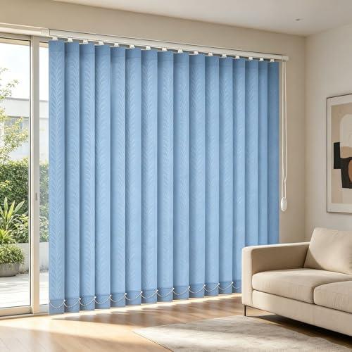Modern 97mm patio door blinds white fabric, sliding door vertical blinds for large windows 60 90 110 150 170 230 260 290 300cm Cordless Blackout Window Shades(Blue,B60xH200cm)
