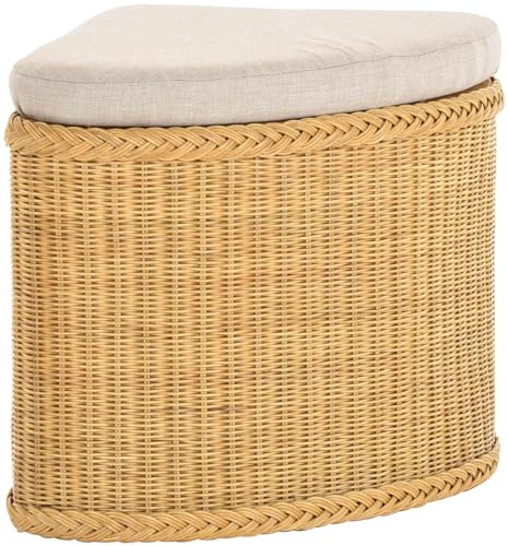 Rattan Wäschekorb Wäschetruhe Sitz gepolstert Honig, Flur-Bank Aufbewahrungsbox mit Deckel Bad-Hocker Sitzhocker Wäschesammler Sitz-Truhe Natur (Honig, Eckform)