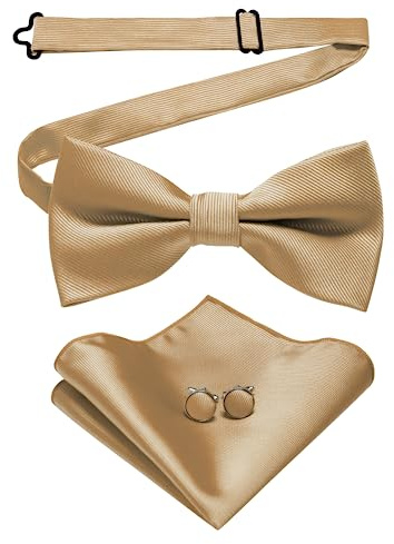 JEMYGINS Einfarbige, vorgebundene Fliege und Einstecktuch mit Manschettenknöpfen, Sets für Herren, gold, Medium