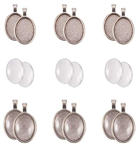 PandaHall 40pcs DIY-Anhängerherstellung, mit transparenten ovalen Glas-Cabochons und Vintage-Legierung im tibetischen Stil Cabochon-Lünette, antikes Silber, Cabochon: 25x18x5mm
