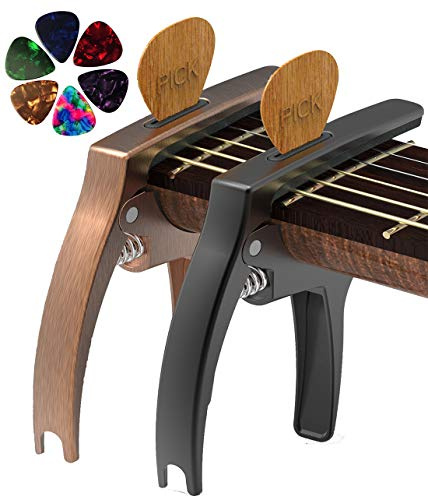 TANMUS 3-in-1 Kapodaster für Akustik- und E-Gitarren (mit Plektrumhalter und 6 Plektren), Ukulele, Gitarrenzubehör（Black&Bronze)