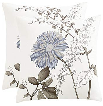 Wake In Cloud - Floral Pillow Cases, 100% Cotton Fabric, Vintage Flower Shabby Chic Farmhouse Botanical, Set of 2 Pillowcases Pillow Shams Covers, Gray Beige, European Size 26x26 Inches