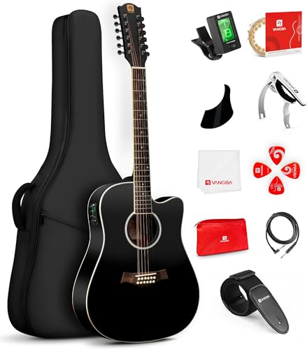 Vangoa Guitarra de 12 cuerdas, paquete de guitarra acústica de corte para adultos principiantes, parte superior de abeto, tuerca de hueso, negro mate