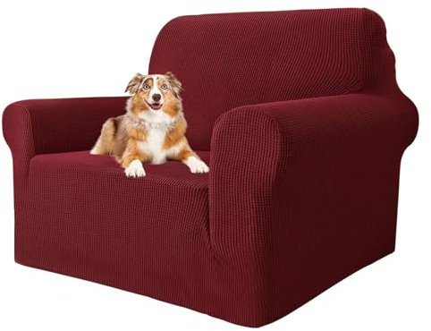 MAXIJIN Super Stretch Stuhlbezüge für Wohnzimmer, 1-teiliger Universal Stuhlbezug mit Armlehnen Jacquard Spandex Stuhlschutz Hunde Haustierfreundliche Sofa Couch Sesselbezug (1 Sitzer, Weinrot)