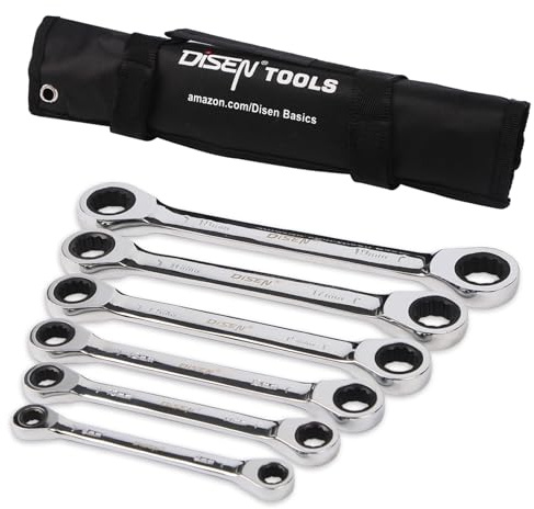 DISEN Double Box End Ratcheting Wrench Set Metric 6-Piece, 8mm-19mm, 72-Tooth Ratchet Wrench Box End with Rolling Pouch, Chrome Vanadium Steel