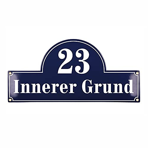 Sosenco Hausnummerschild Hausnummer mit Straßenname - 24x50 cm - Keramik Emaille - Wetterfest - Personalisiert (Blau)