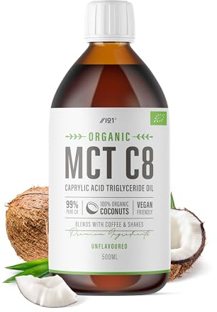 Aceite orgánico C8 MCT – 500 ml (vidrio) – 99% + C8 prensado en frío – Aumenta las cetonas 4 veces en comparación con otros MCT – Obtenido de forma sostenible por Alpha01