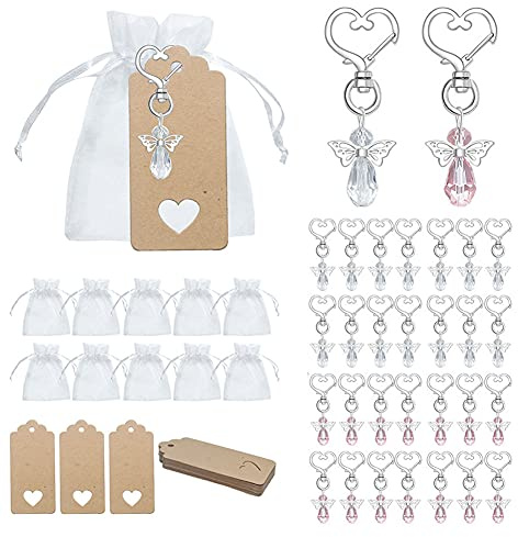 Schutzengel-Schlüsselanhänger, 30 Engelsanhänger, 30 Kraftetiketten, 30 Organzabeutel, Geschenk für Weihnachten, Hochzeit, Geburtstag, Taufe, Kommunion, Andenken, Weiß, Rosa