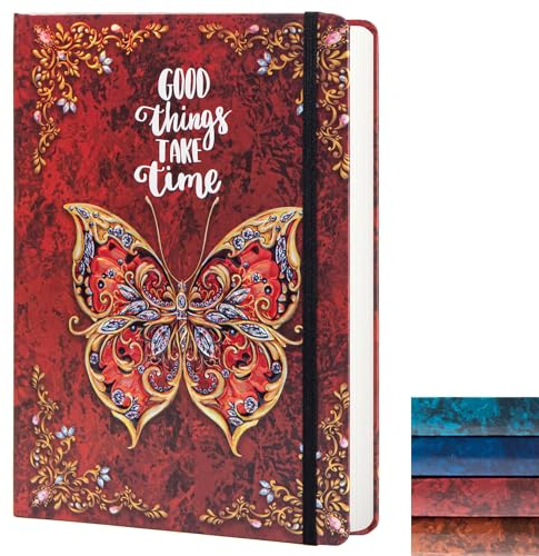 Ruled Journal Notebook, B5 3D Butterfly Embossed Hardcover Writing Journal with Elastic Closure Band, 192 Pages Lined Paper for School, Office, Home, 9 X 6.9 (Red)