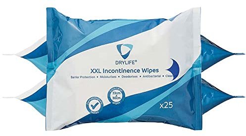 Drylife Premium 5-in-1 Fragranced Disposable XXL Incontinence Wipes | Moisturising Antibacterial Barrier Protection Skin Cleansing Cloths (3 Packs of 25) | 5-in-1 formula cleanses, moisturises, protects and refreshes, Soft and gentle on sensitive skin, XXL disposable wipes