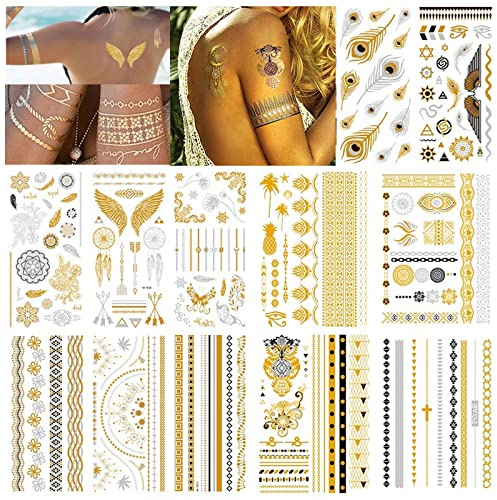 12 Blätter Flash Tattoos Gold, Metallic Festival Temporäre Tattoo, Gold Silber Tatoos Aufkleber Damen, Geeignet Für Körperkunst, Festliche Tätowierungen An Armen, Brust, Hinterbeinen
