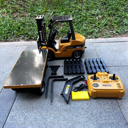 QIYHBVR Jouet De Chariot Élévateur RC avec Dalle De Support en Métal │ Chariot Élévateur Professionnel en Métal Lourd À 10 Canaux avec 2 Palettes Et Lumières │ Jouets De Construction Entièrement
