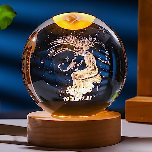 3D Laser Engraved Crystal Ball 80 mm Zodiac Crystal Ball with Solid Wood Stand Gift Box Home Decorative Accessories Creative Gifts (Scorpio)