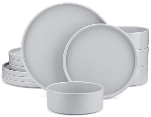 Geschirrset steingut, vancasso Venus Tafelservice modern, 12 teiliges rundes Kombiservice Set, mit je 4 Kuchentellern, Speiseteller und Mehrzweckschalen für 4-12 Personen