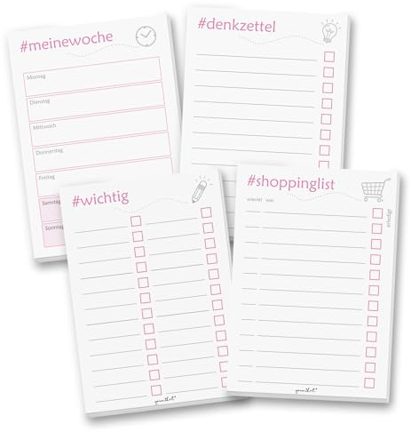 younikat 4 Stück Notizblöcke - 4 x 50 Blatt - Pink Einkaufs-Liste - dv263 | zum Abhaken und Abreißen, 80 g/qm Papier, 4 Schreibblöcke im Format DIN A6 105 x 148 mm mit je 50 Blatt, 105 x 148 mm