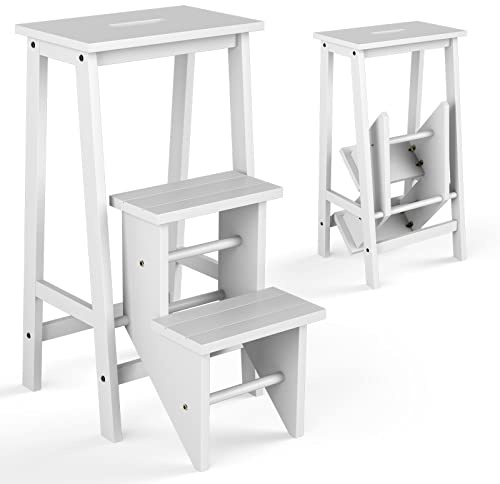GOPLUS Tabouret Escabeau Pliable 3 Marches, Escabeau Marchepied en Bois Massif, Tabouret d'Échelle Multifonctionnel, avec Marches Réversibles, Poignée de Transport, Charge 310KG (Blanc)
