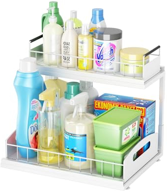 SUMAITech Organizador Bajo Fregadero Metal, Almacenaje Cocina 2 Niveles, Organizador Extraíble Estante Almacenamiento Debajo Fregadero Deslizante para Cocina Baño, Blanco