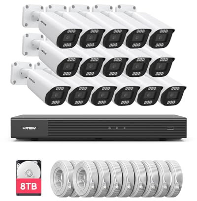 H.VIEW 4K 16 Channel Security Camera System 8TB Ultra Large HDD,16Pcs CCTV Camera Kits PoE 8MP Outdoor Bullet Wired Surveillance Video with Audio,16CH 4K H.265 NVR for 7/24 Recording