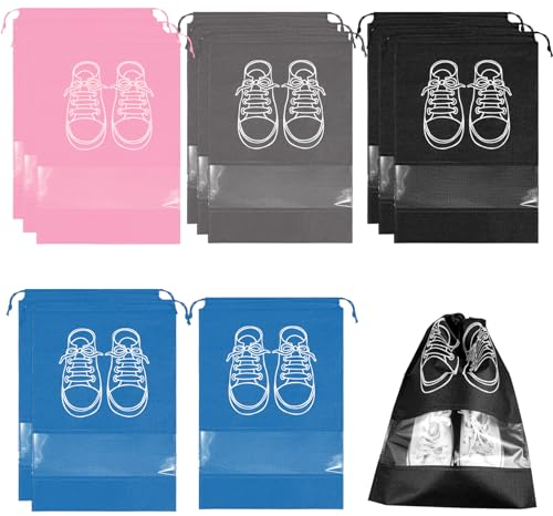 12 Stück Schuhtasche Reise mit Kordelzug, Schuhtasche Reise, Schuhtasche mit Transparente Fenster, Schuhbeutel-Set, Staubdicht Aufbewahrungsbeutel für Männer Frauen Täglichen und Reisegebrauch