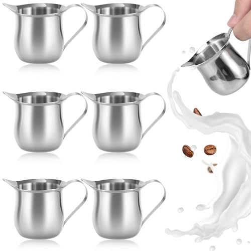6Pcs Small Milk Jug 90ml/3oz Milk Creamer Pitcher Stainless Steel Syrup Server Mini Creamer Jugs Bell Creamers Serving Pitcher with Pouring Spout and Handle for Coffee Milk Creamer Sauces